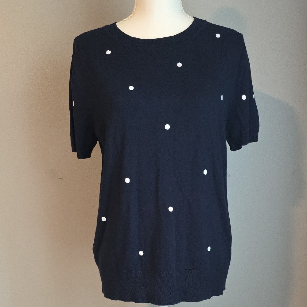 Croft & Barrow Navy Polka Dot Short Sleeve Sweater NWOT Size Medium